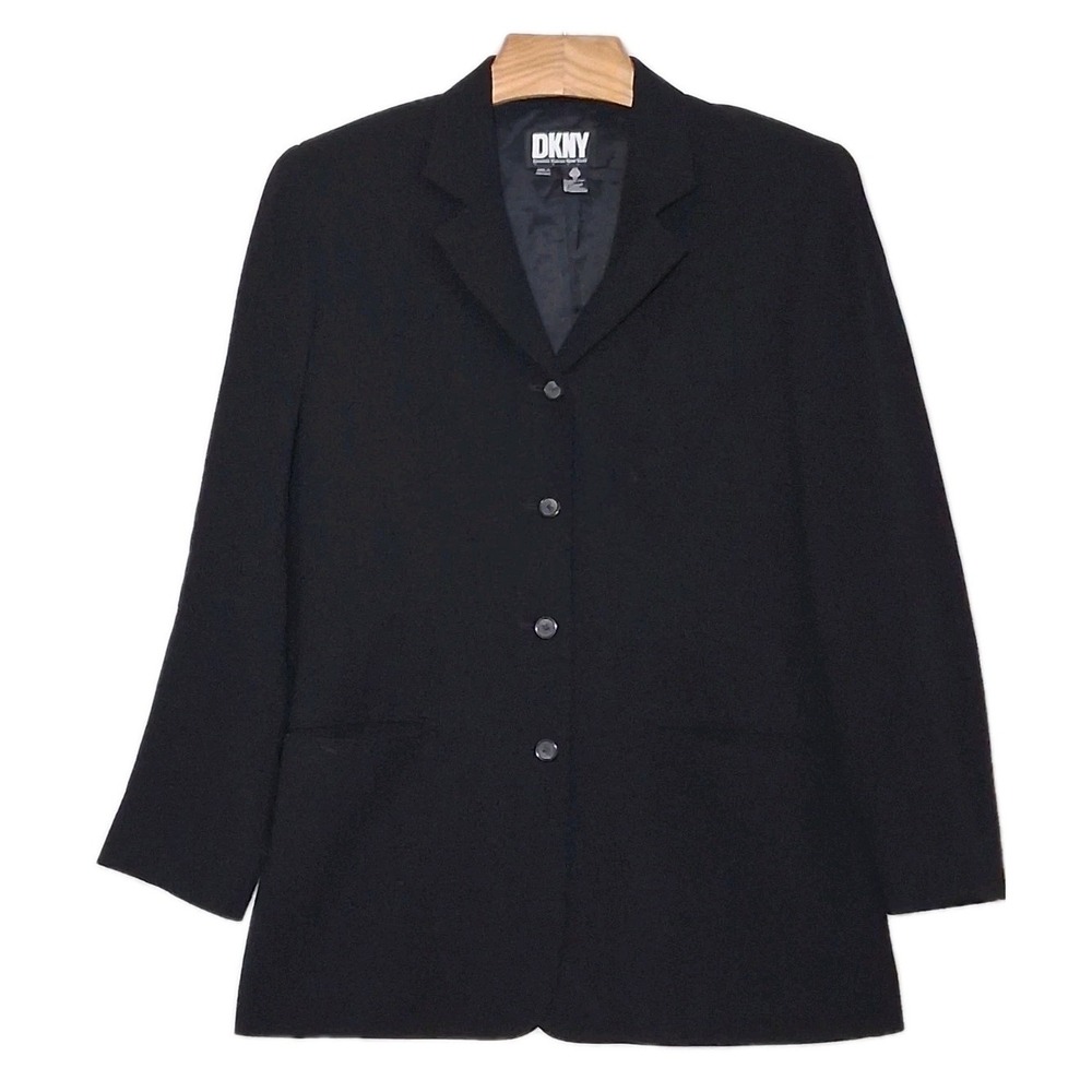 DKNY Vintage 100% Wool Women Jacket Blazer Size 12 Black 4 Button Career Classic
